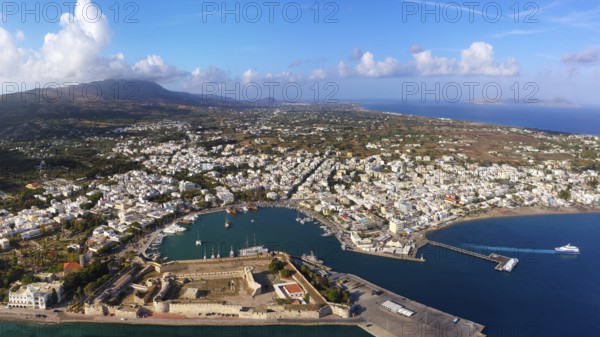 Aerial view, panorama, below Kastro, Neratzia fortress, also Nerantzia, castle, first mentioned in 1395, former fortress of the Order of St. John, today ruin, above Mandraki harbor, yacht harbor, ship, ships, city of Kos, Dodecanese islands, Greece, eastern Adriatic, Mediterranean