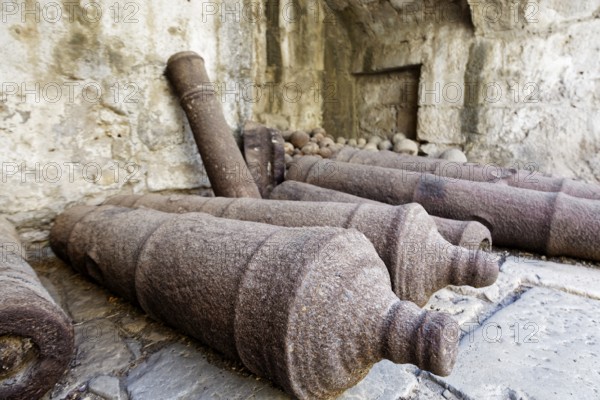 Cannons, cannon barrel, guns, old, rusted, Neratzia fortress, also Nerantzia, castle, first mentioned in 1395, formerly fortress of the Order of St. John, today ruin, city of Kos, island of Kos, Dodecanese islands, Greece, eastern Adriatic, Mediterranean