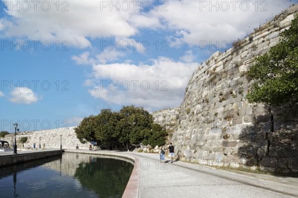 Harbour promenade, outer fortress wall, fortification, bastion, Neratzia fortress, also Nerantzia, castle, first mentioned in 1395, formerly fortress of the Order of St. John, today ruin, city of Kos, island of Kos, Dodecanese islands, Greece, eastern Adriatic, Mediterranean