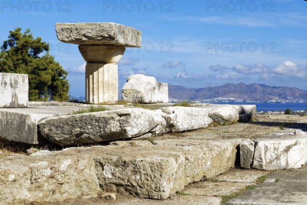 Upper terrace, remains of the temple of Asclepios, Asclepieion, Latin Aescupium, three terraces, place of worship of Asclepios, god of healing art, ancient hospital, archaeological excavation 1902-1904, island of Kos, Dodecanese islands, Greece, eastern Adriatic, Mediterranean