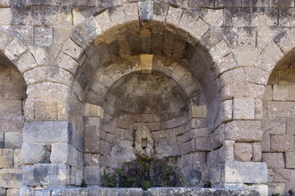 Middle terrace, fountain in retaining wall to the upper terrace, Asclepieion, Latin Aescupium, three terraces, place of worship of Asclepios, god of healing art, ancient hospital, archaeological excavation 1902-1904, island of Kos, Dodecanese islands, Greece, eastern Adriatic, Mediterranean