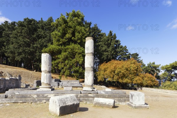 Middle terrace, pillars of the temple complex, Asclepieion, Latin Aescupium, three terraces, place of worship of Asclepios, god of healing art, ancient hospital, archaeological excavation 1902-1904, island of Kos, Dodecanese islands, Greece, eastern Adriatic, Mediterranean