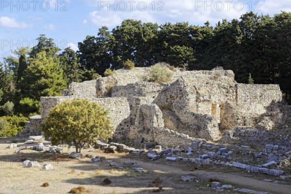 Lower terrace, ruins presumably of patients' living rooms, Asclepieion, Latin Aescupium, three terraces, place of worship of Asclepios, god of healing art, ancient hospital, archaeological excavation 1902-1904, island of Kos, Dodecanese islands, Greece, eastern Adriatic, Mediterranean