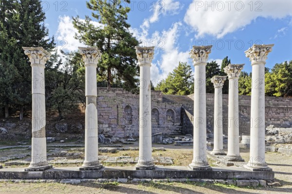 Middle terrace, Apollo temple columns, Asclepieion, Latin Aescupium, three terraces, place of worship of Asclepios, god of healing art, ancient hospital, archaeological excavation 1902-1904, island of Kos, Dodecanese islands, Greece, eastern Adriatic, Mediterranean