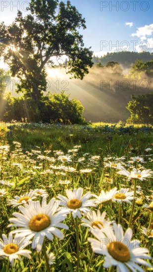 A sunlit meadow with daisies against a forest backdrop under a blue sky, Late summer country landscape with daisies meadow and sunbeams, forest in blurred background, hilly landscape in sunrise or sunset, tranquil nature template or poster for beauty of nature, AI generated