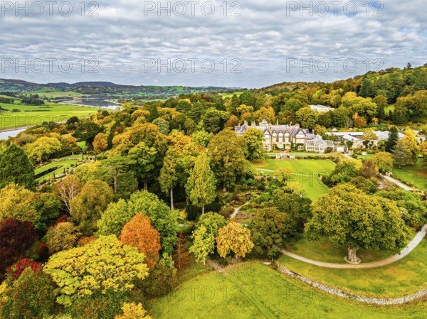 Autumn colours over Bodnant House and Garden from a drone, Conwy River, Colwyn Bay, Conwy, Wales, England, United Kingdom