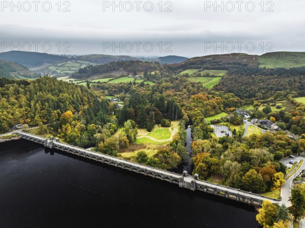 Llyn Brianne Dam and Reservoir from a drone, Lake Vyrnwy, Powys, Wales, England, United Kingdom