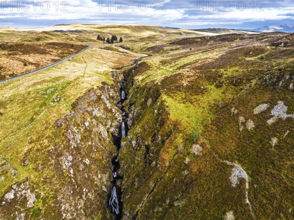 Cwm Cynfal Waterfalls on River Afon Cynfal from a drone, Llan Ffestiniog, Road B4391, Gwynedd, Snowdonia, Eryri, Wales, England, United Kingdom