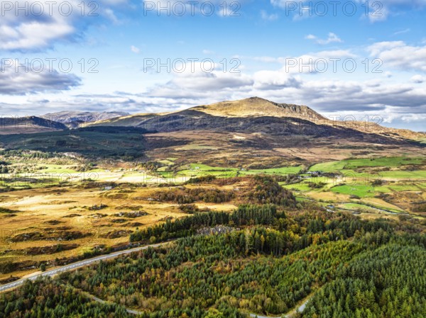 Snowdonia National Park over Road A470 from a drone, Crimea Pass, Blaenau Dolwyddelan, Wales, England, United Kingdom