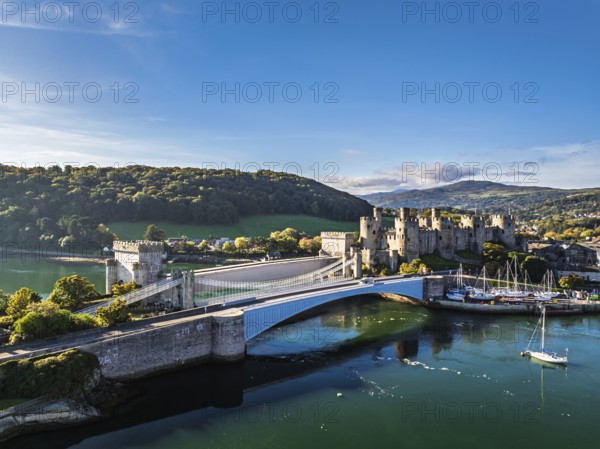 Conwy Castle over River Convy from a drone, Convy, North Wales, England, United Kingdom