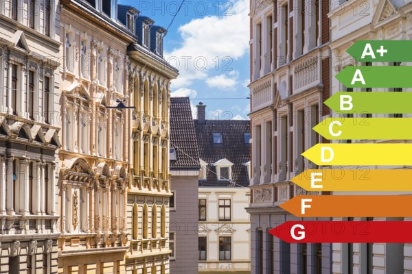 Street with old buildings from the Wilhelminian period, graphic with energy efficiency classes for buildings according to the GEG, Wuppertal, Germany