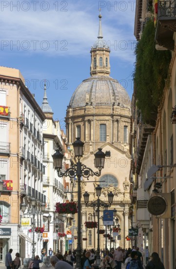 View of Basilica of Our Lady of the Pillar cathedral church from Calle de Alfonso I, Zaragoza, Aragon, Spain