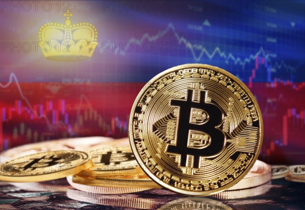 Bitcoin with Liechtenstein flag in the background. Investors in cryptocurrency and Blockchain Technology in Liechtenstein, Concept