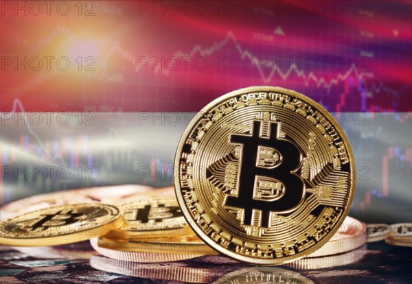 Bitcoin with Indonesian flag in the background. Investors in cryptocurrency and Blockchain Technology in Indonesia, Concept
