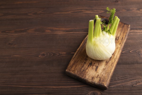 Fresh Fennel bulb on wooden cutting board on brown wooden background, side view, copy space, minimalism
