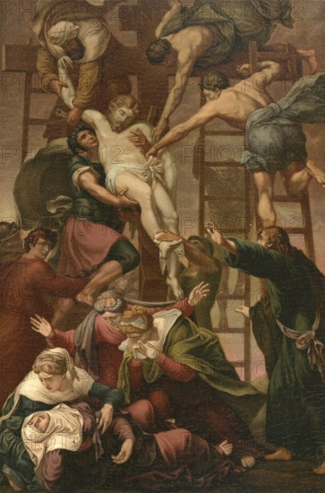 Biblical scene, Bible, Jesus Christ, Descent from the Cross, the ritual removal of the body of Jesus from the cross after his death, illustration, reproduction from a 19th century model. Authentic, file restored for optimal use, exact date of submission unknown, historical