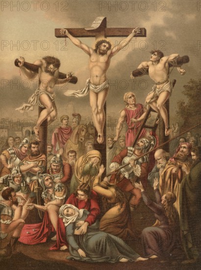Biblical scene, Bible, Christ and the Crucifixion, a central event in Christianity that took place on Golgotha hill near Jerusalem, illustration, reproduction from a 19th-century model. Authentic, file restored for optimal use, exact date of submission unknown, historical