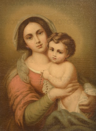 Biblical scene, Bible, Mary with Child Jesus, widely known as Madonna and Child, is one of the most prominent motifs in Christian art, illustration, reproduction from a 19th-century model. Authentic, file restored for optimal use, exact date of submission unknown, historical