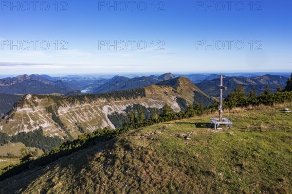 Drone shot, summit cross, Hoher Zinken with Holzeck and Königsbergerhorn, Postalm, Osterhorn Group, Salzkammergut, Province of Salzburg, Austria