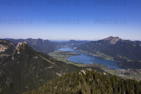 View from Rettenkogel to Wolfgangsee, Postalm, Osterhorn Group, Salzkammergut, Province of Salzburg, Austria