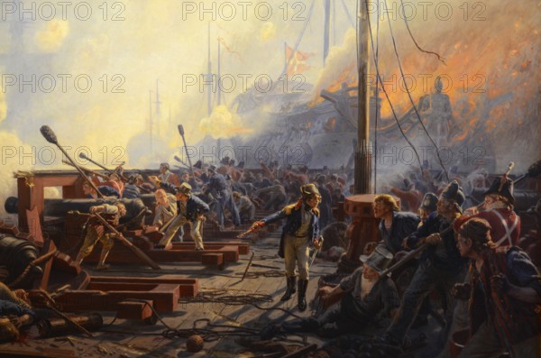 Medieval Danish naval battle where officer Peter Willemoes drives the men into a damaged cannon battery. Painting in the museum in Assens, Funen island, Denmark, Scandinavia