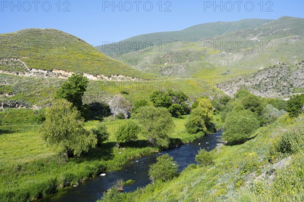 A green valley with a river and hills under a bright blue sky, picturesque nature, Vorotan River, Syunik Province, Armenia