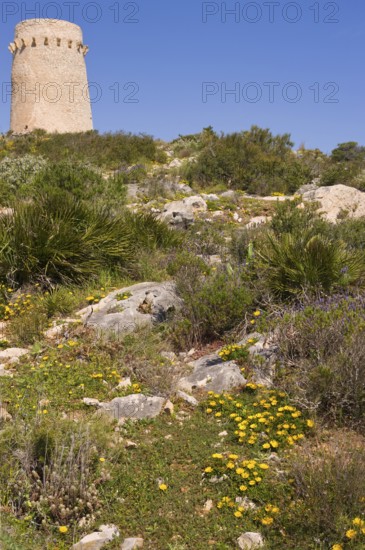 Nature reserve, national park, old watchtower Torre del Cap d'Or, Moraira, on Playa del Portet, Valencia, Costa Blanca, Spain