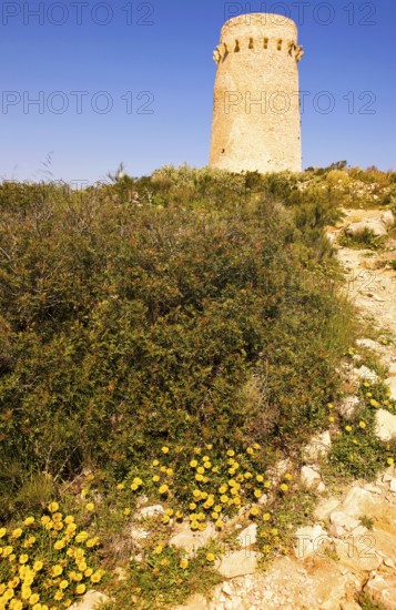 Nature reserve, national park, old watchtower Torre del Cap d'Or, Moraira, on Playa del Portet, Valencia, Costa Blanca, Spain