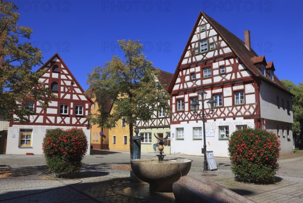 Half-timbered houses and fountains on Rathausplatz, city of Heideck in the district of Roth, Middle Franconia, Bavaria, Germany