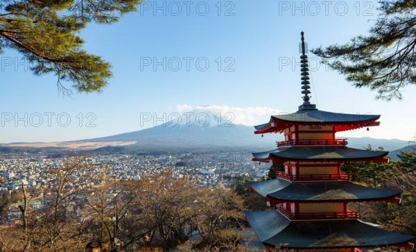 Five-story pagoda of a Shinto Shrine, Chureito Pagoda, with views of Fujiyoshida City and Mount Fuji Volcano, Arakura Fuji Sengen Shrine, Arakurayama Sengen Park, Yamanashi Prefecture, Japan