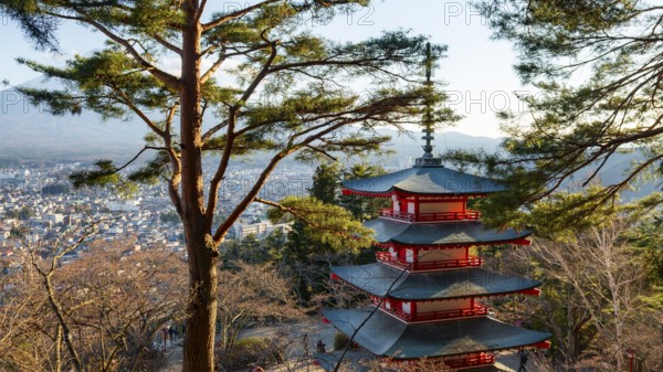 Five-story pagoda of a Shinto Shrine, Chureito Pagoda, Arakura Fuji Sengen Shrine, Arakurayama Sengen Park, Yamanashi Prefecture, Japan