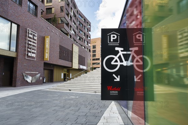 Sign with inscription, pictogram, bicycle garage, bicycle parking garage at the museum, Port des Lumières, Westfield Überseequartier, modern shopping center, HafenCity, Hamburg, Germany