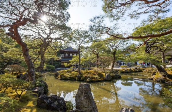 Artfully designed Japanese garden with pond and silver pavilion ginkaku, sun star, jisho-ji or ginkaku-ji, Zen temple, Higashiyama, Kyoto, Japan