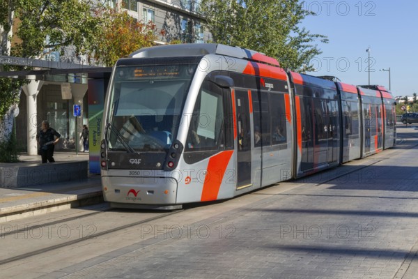 Light rail tram city public transport system CAF Urbos 3 trams, Tranvía de Zaragoza, Zaragoza, Aragon Spain