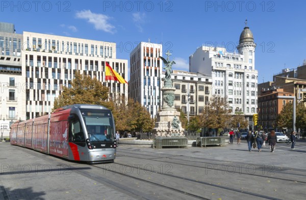 Light rail tram city public transport system CAF Urbos 3 trams, Tranvía de Zaragoza, Plaza de Espana, Zaragoza, Aragon Spain