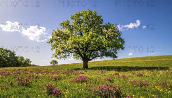 A serene landscape featuring a large tree by a stream at sunset with vibrant green grass and blooming flowers, spring landscape, the oak branch of nature, clear blue sky, idyllic atmosphere with green grass meadow, hills in the calm nature, AI generated