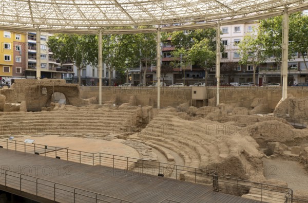 Covered ruins of Roman theatre amphitheatre, Zaragoza, Aragon, Spain