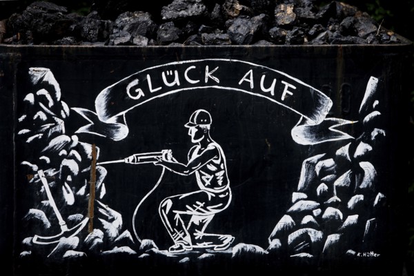 Painted coal cart with Bergmanngruß Glück Auf, Recklinghausen training mine, Ruhr area, North Rhine-Westphalia, Germany