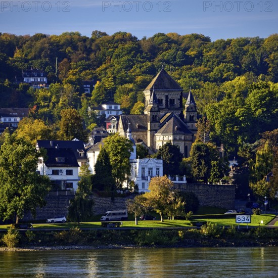 Catholic church of St. Peter and Paul in Remagen with the river Rhine at kilometer 634, Rhineland-Palatinate, Germany