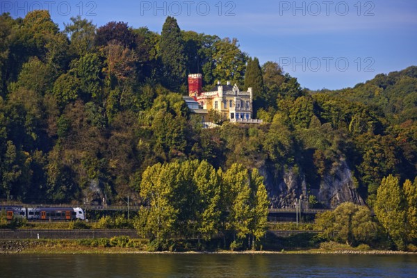 Marienfels Castle with Rhine and regional train from National Express Rhine, Remagen, Rhineland-Palatinate, Germany