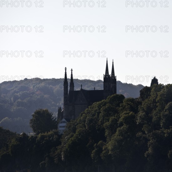 Pilgrimage Church of St. Apollinaris, also Apollinaris Church on Apollinarisberg in Remagen looking back as a silhouette, Rhineland-Palatinate, Germany