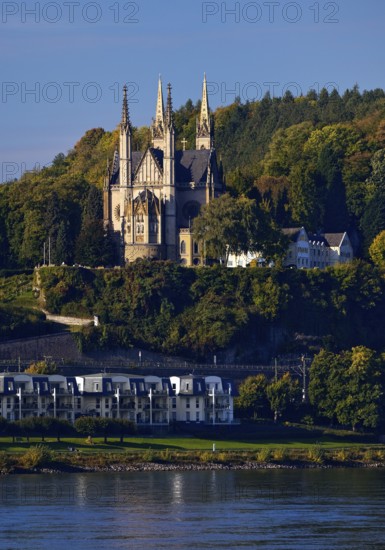 Pilgrimage Church of St. Apollinaris, also Apollinaris Church on the Apollinarisberg in Remagen with the river Rhine, Rhineland-Palatinate, Germany
