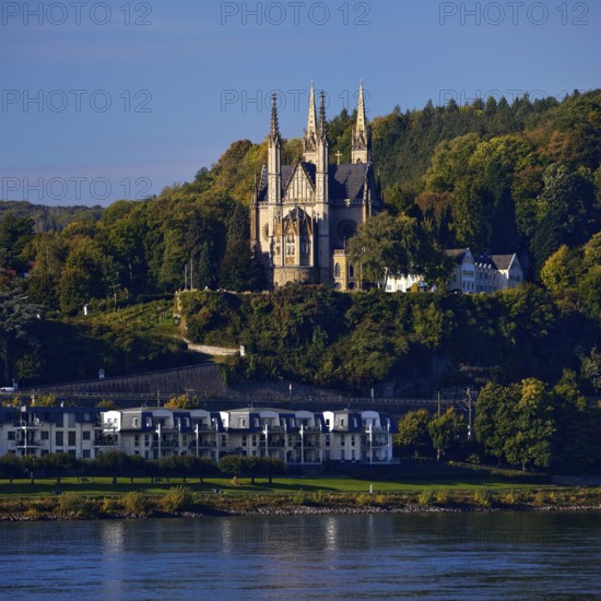 Pilgrimage Church of St. Apollinaris, also Apollinaris Church on the Apollinarisberg in Remagen with the river Rhine, Rhineland-Palatinate, Germany