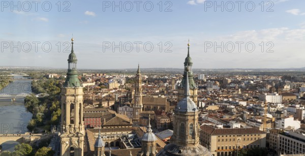Rooftops of cathedral church Basilica of Our Lady of the Pillar, city centre of Zaragoza, Aragon, Spain