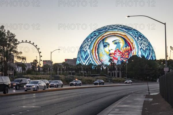 Las Vegas, Nevada - The Las Vegas Sphere, a music and entertainment venue. The exterior has elaborate LED displays