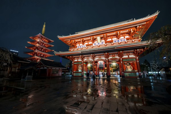 Illuminated five-story pagoda and main hall of Asakusa Shrine or Senso-ji Temple, at night, Buddhist temple complex, Asakusa, Tokyo, Japan