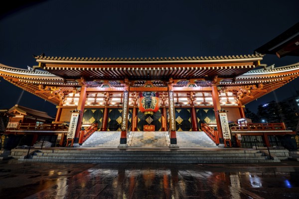 Illuminated main hall of Asakusa Shrine or Senso-ji Temple, at night, Buddhist temple complex, Asakusa, Tokyo, Japan