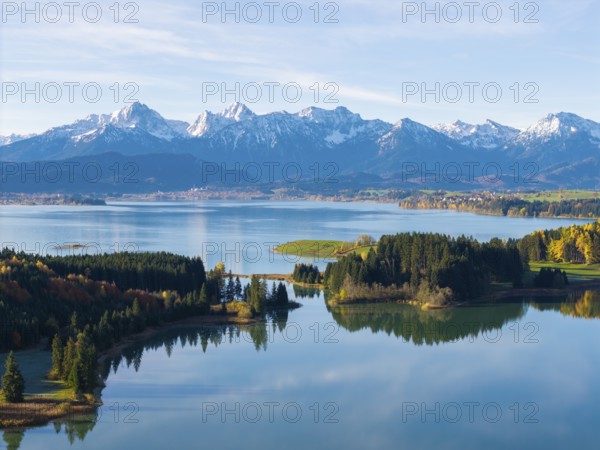 Extensive nature with mountains, a quiet lake and autumn colors, Illasbergsee, Forggensee, near Roßhaupten, Ostallgäu, Allgäu, Swabia, Bavaria, Germany