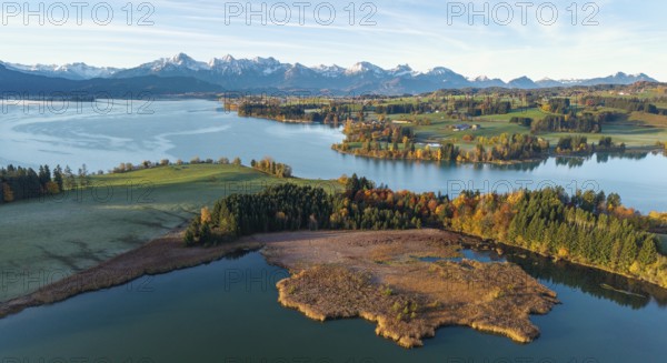 Autumn scene with a lake surrounded by green landscape and mountains, Illasbergsee, Forggensee, near Roßhaupten, Ostallgäu, Allgäu, Swabia, Bavaria, Germany
