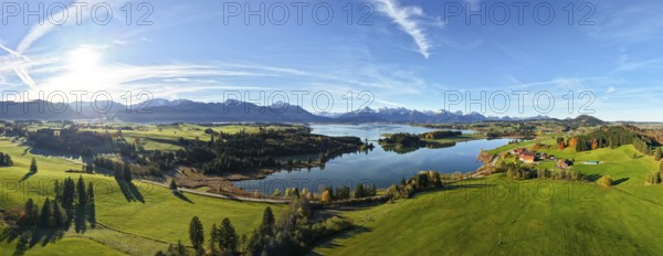 Wide panoramic view of a green landscape with lake and mountain backdrop under clear sky, Forggensee, near Roßhaupten, Ostallgäu, Allgäu, Swabia, Bavaria, Germany
